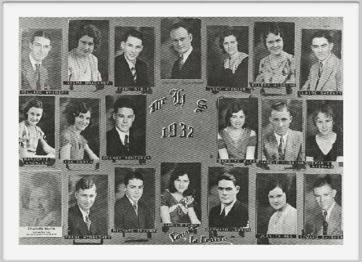 Class of 1932 - Carl Bible, Velma Brackney, George Donecker, Lucille Flack, Eileen Higgins, Harold Higgins, Lucy Higgins, Bernita Klee, Marjorie Nowles, <br>Derward Larsen, Frank McGaughey, Ada North, Juanita Ree, Richard Skinner, Claire Sweeney, Edward Swisher, Marie Wierman.<br><br>Lucy Higgins Vogle and Bernita Klee are the only graduates remaining. <br>Lucy lives in McCracken and is a Senior Companion<br>Bernita is a resident of St. John's Rest Home in Hays